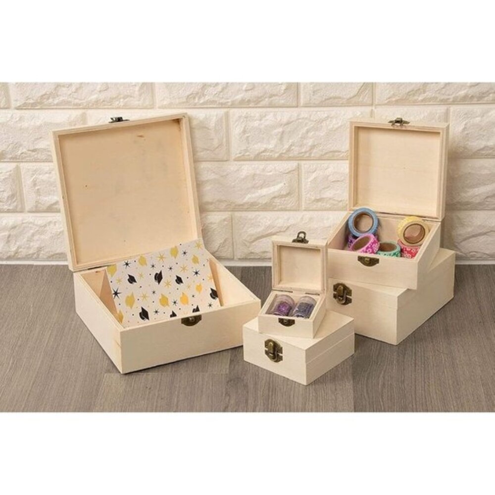 New Set of 5 Unfinished Wooden Boxes for Crafts, Nesting Boxes with Hinged Lids